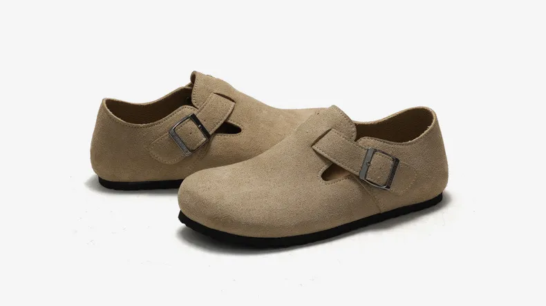 Yellow Suede Cork Sandals With Closed Toe And Flat Comfortable Strap_voghion.com