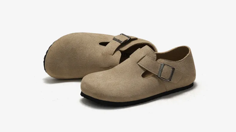 Yellow Suede Cork Sandals With Closed Toe And Flat Comfortable Strap_voghion.com