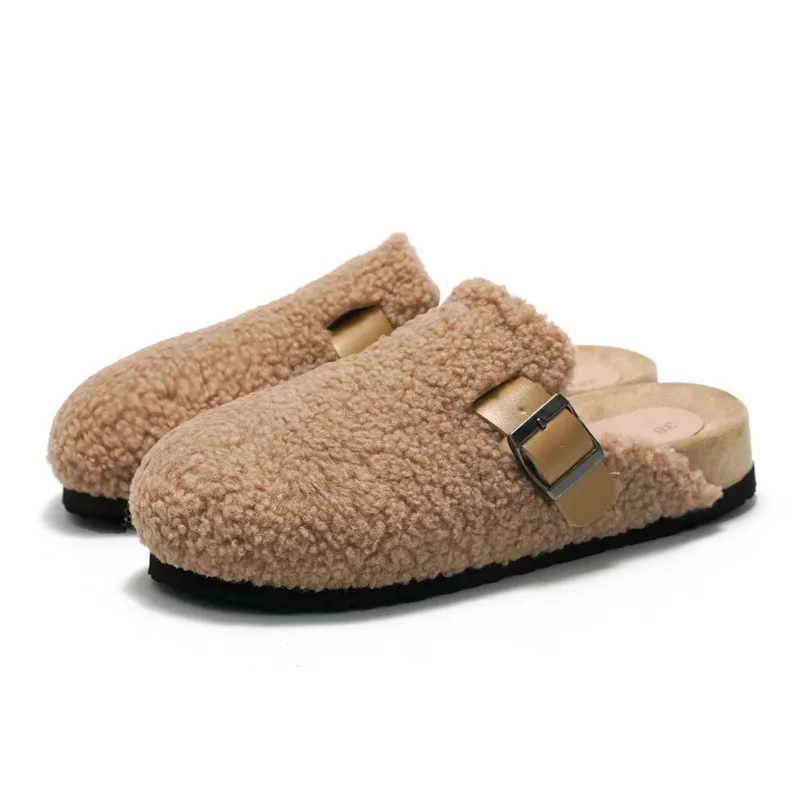 RUIZUSTOCK New Slippers Camel Teddy Fleece Closed Toe Cork Clogs Adjustable Buckle Warm Winter Slip On Mules_voghion.com