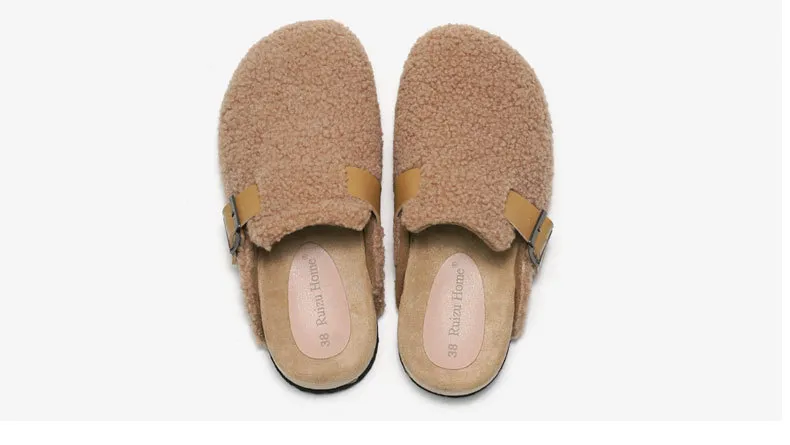 Camel Teddy Fleece Clogs For Winter Warmth With Adjustable Buckle_voghion.com