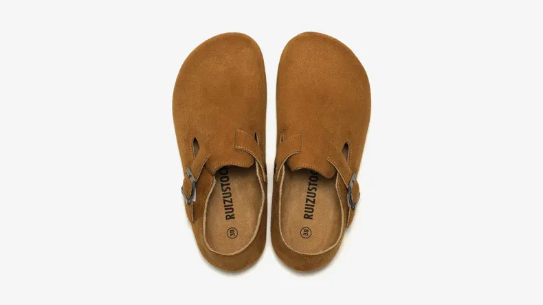 Yellow Suede Cork Sandals With Closed Toe And Flat Comfortable Strap_voghion.com
