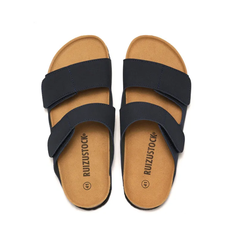 RUIZUSTOCK Nouvelles pantoufles pour femmes, blanches, à double velcro, en liège, sandales plates décontractées à bride ajustable, confortables_voghion.com