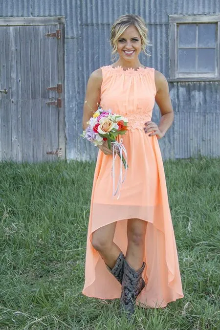 high low bridesmaid dresses with cowboy boots Jewel Neck Blush Pink Short Rustic Country Bridesmaid Dresses with Cowboy  Boots main image 1