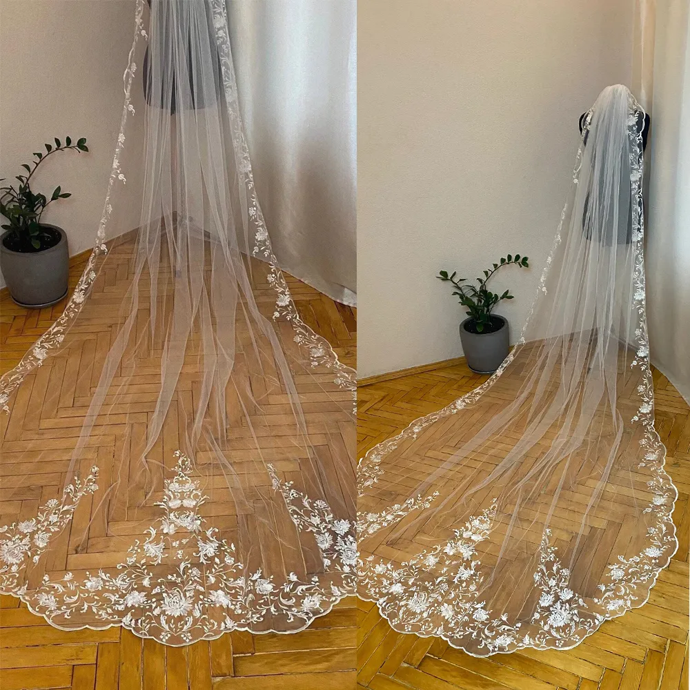 10% OFF Royal Bridal Veil – 3 M Long Floral Applique Tulle, Custom Made, Plus‑Size – Buy Now