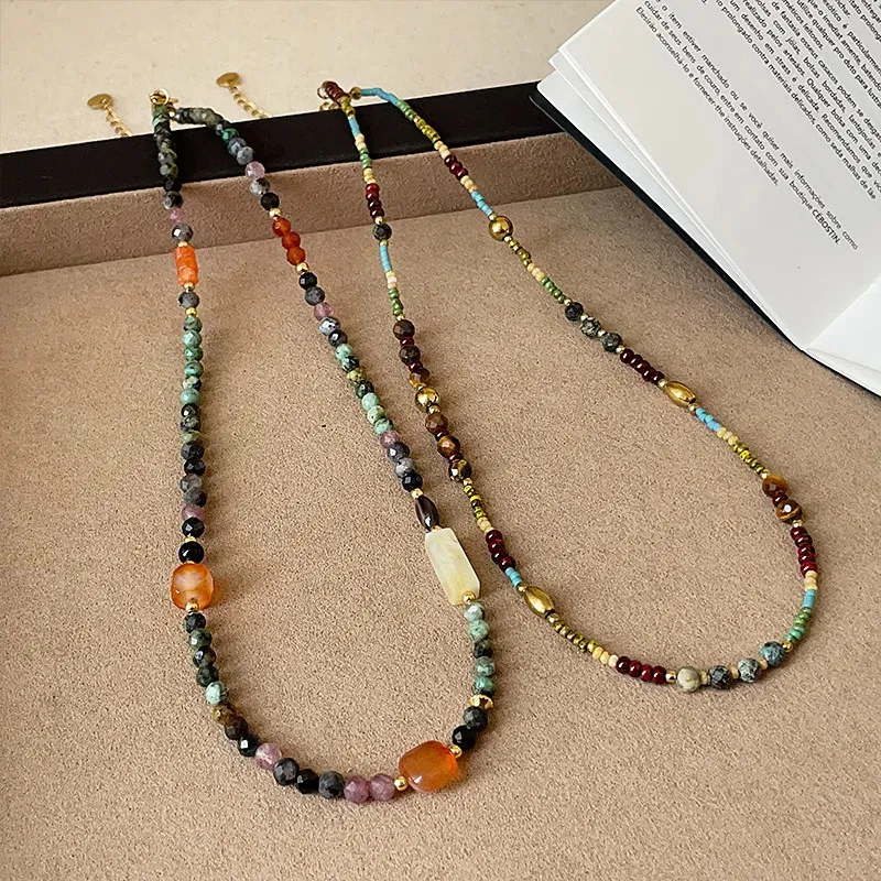 Minar Light Colorful Natural Stone Cube Beaded Choker Necklace with 14K ...