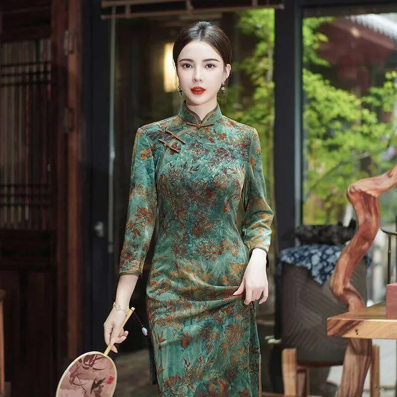 winter cheongsam dress Winter Warm Fur Lined Party Cheongsam Dress Lady Bodycon Floral Slim Qipao  Dress