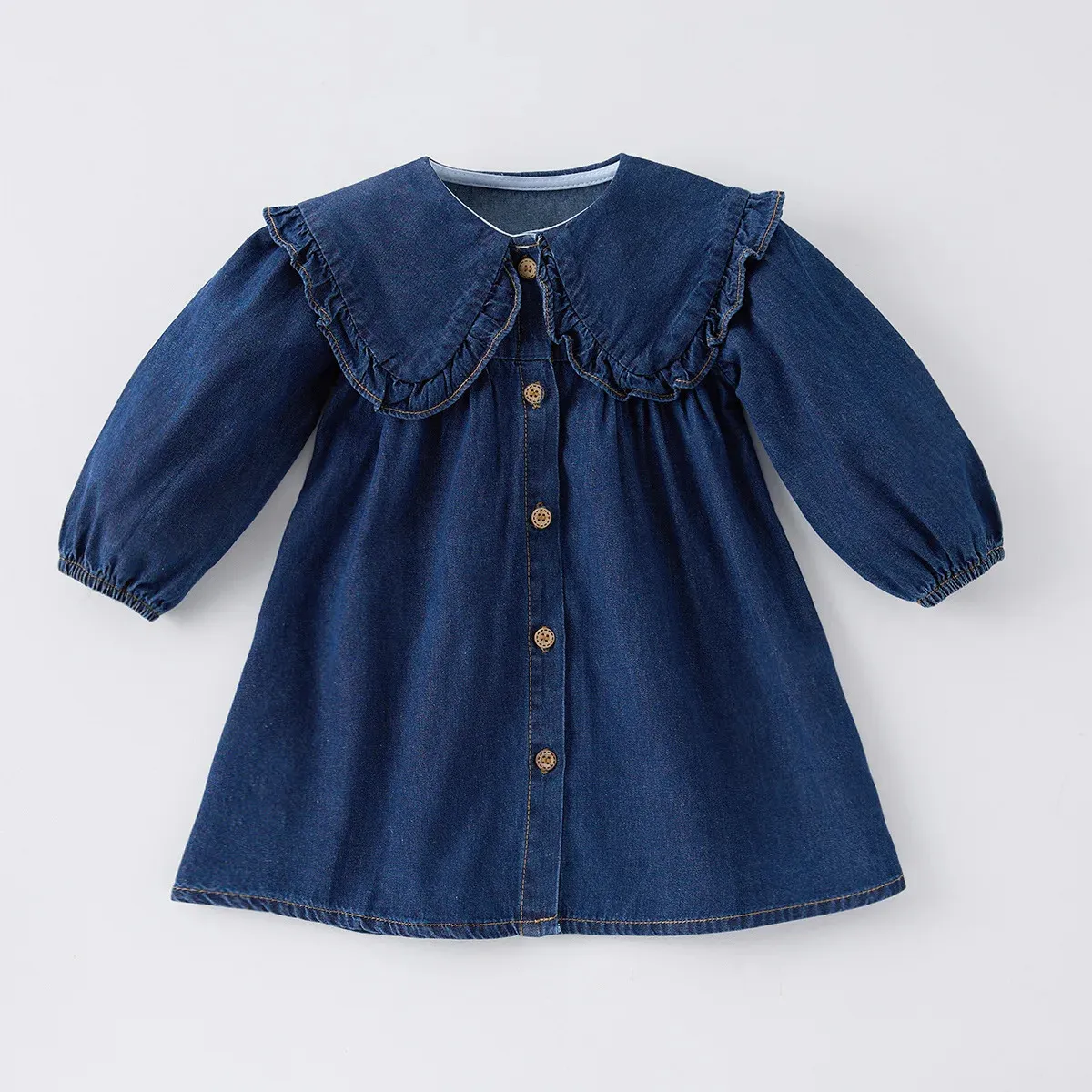 Girls' Spring Korean Style Soft Denim Dress with Sweet Ruffle Collar, Children's Fashion Dress