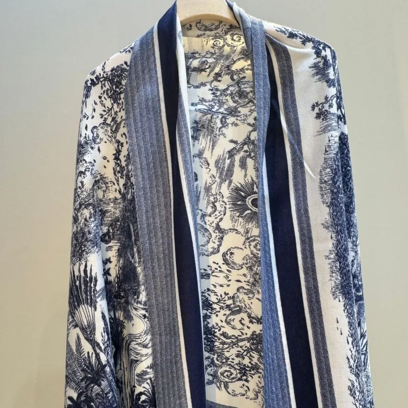Designer Women's Ink Blue Mist Forest Cotton And Hem Scarf Elegant, Fashion High End, Versatile, Temperament_voghion.com