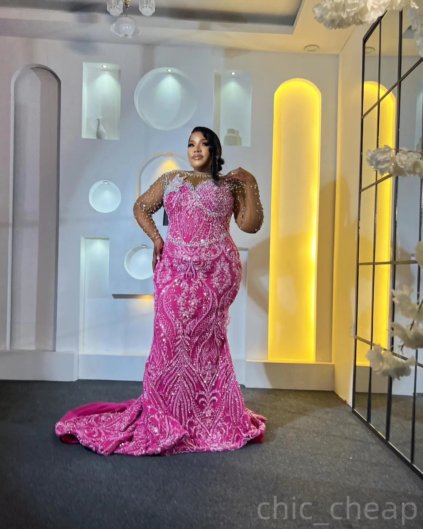 Fuchsia Mermaid Prom Dress 2025 Crystal Sequined Lace Sweep Train Long  Sleeve Plus Size Formal Gown from Dhgate Prom Dresses - price 366.84