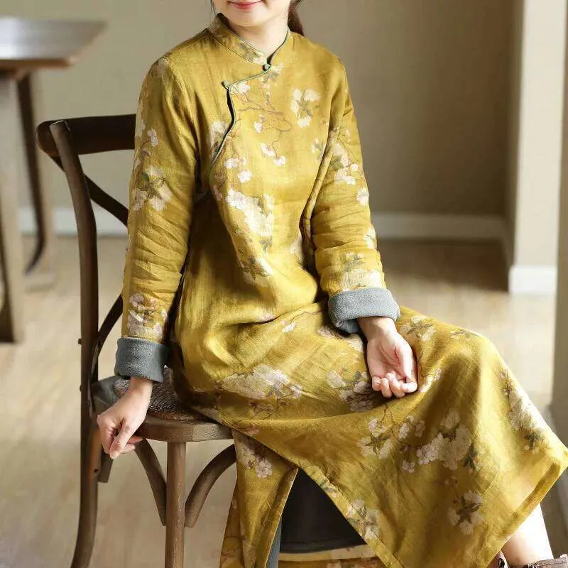 cotton cheongsam dress Retro Cotton Qipao Long Striped Dress Women