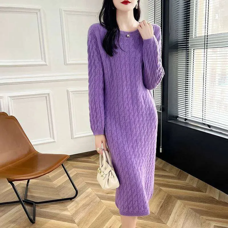 woolen knee length dress Winter 100% Cashmere Knee-Length with Round Neck and Short Sleeves online shopping boutique