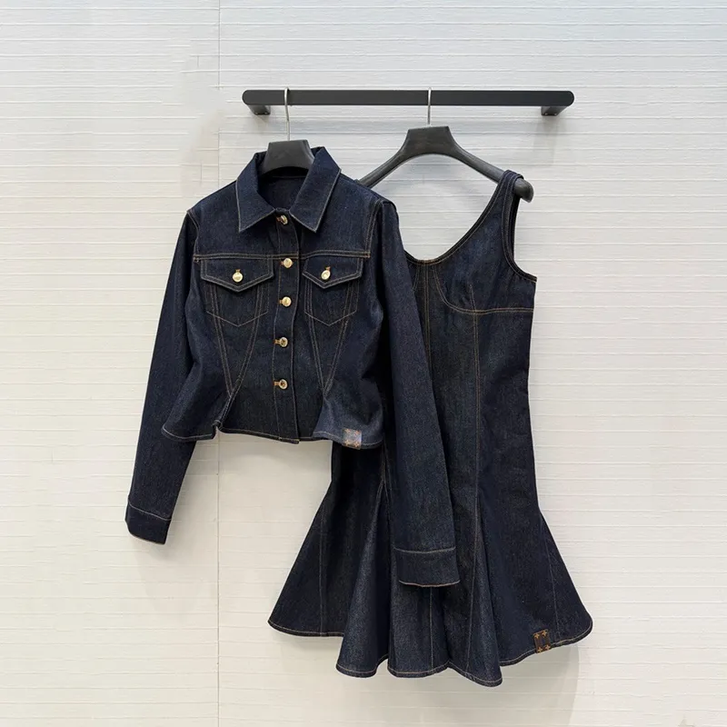 knee length dress with denim jacket Women's Knee-Length V-Neck Set Denim and Skirt, 100% Cotton, Short Sleeve, Autumn Style from Dhgate Basic & Casual Dresses BIG OL TEST TAG