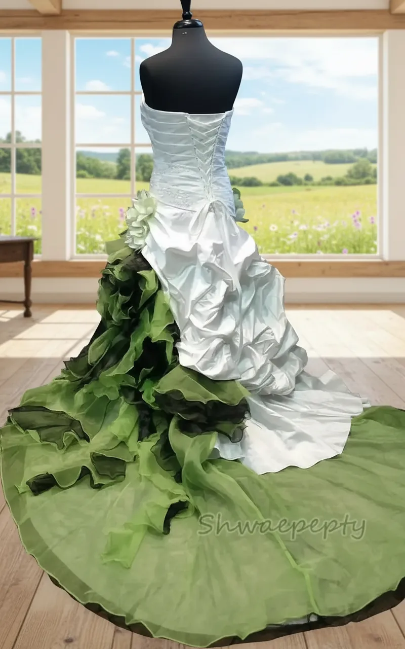 Vintage Victorian Pastrol Wedding Dress Strapless White And Green A-Line  Corset Bridal Gowns Ruffles Hand Made Flowers Plus Size Strapless Bride ...