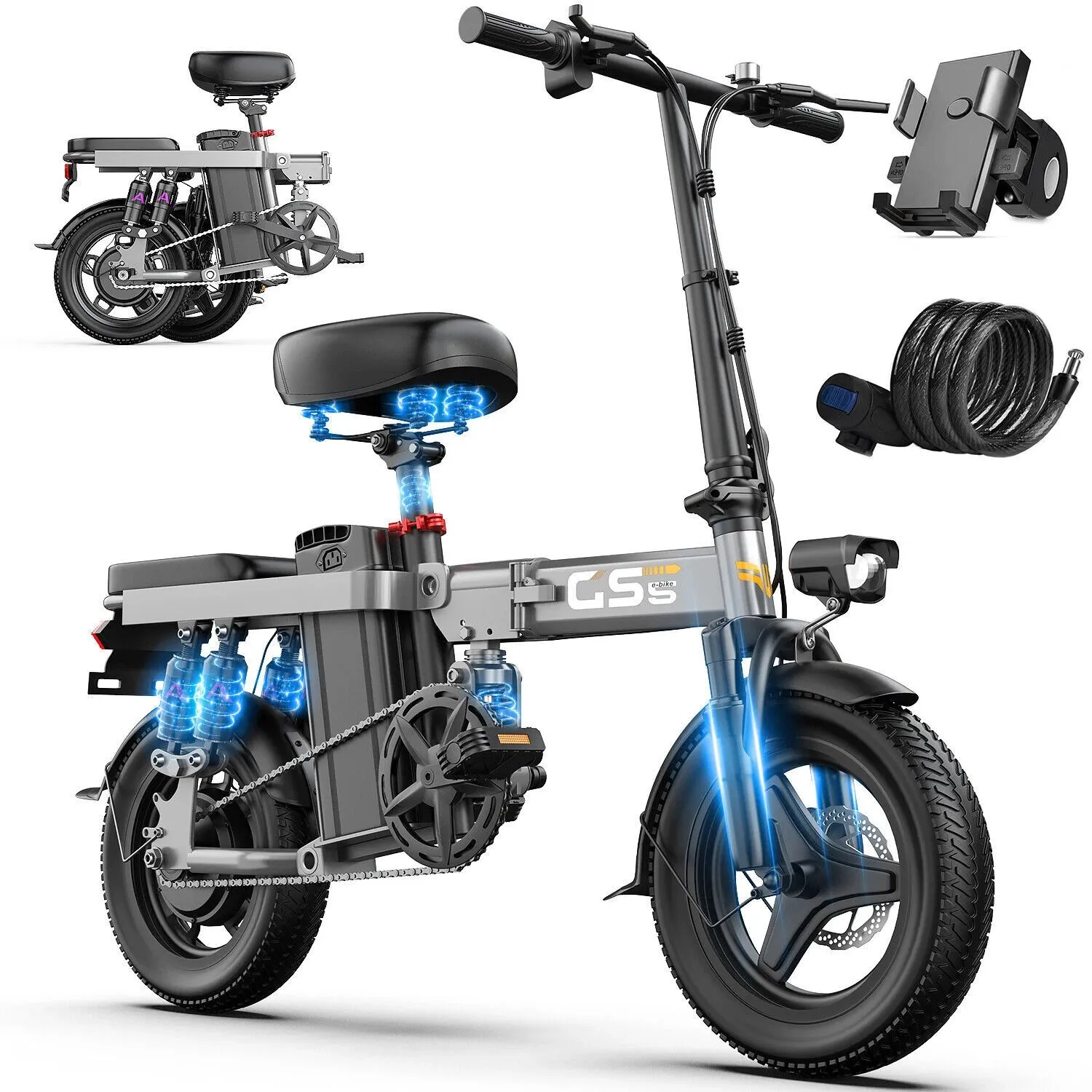 GS5 14 インチ折りたたみ電動自転車 大人用 740W ピークモーター、48V