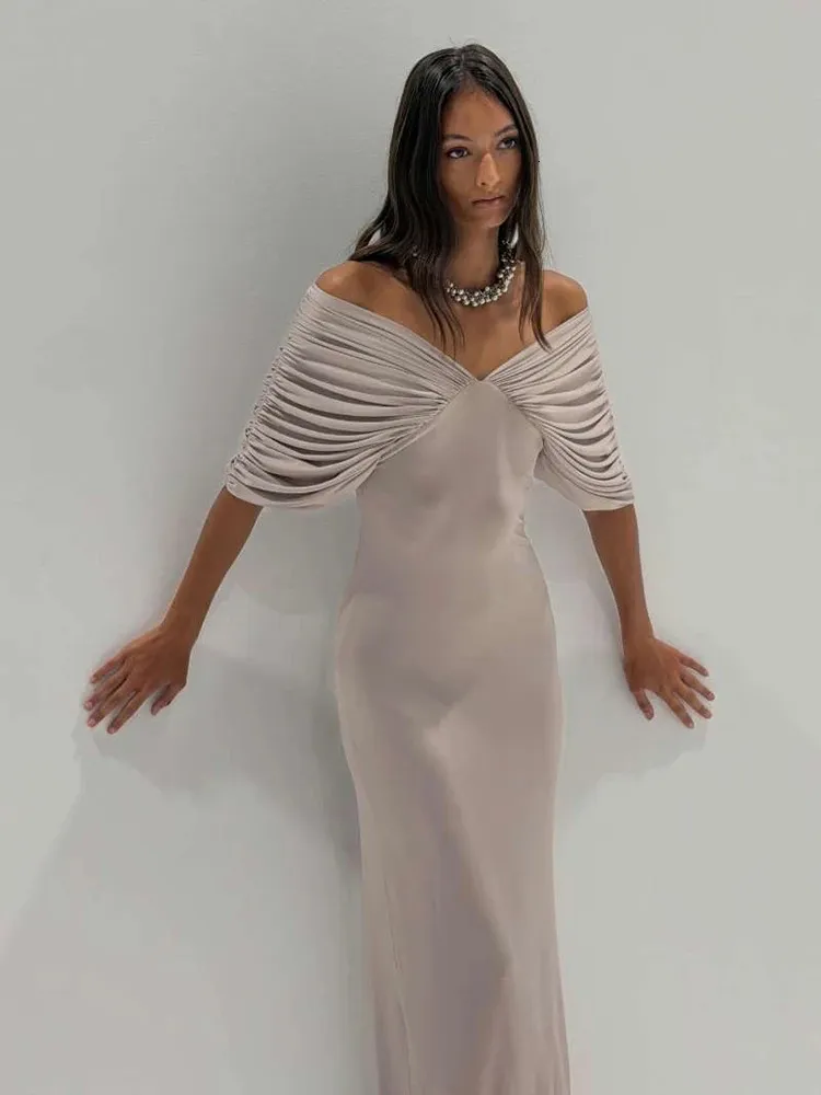 slash neck backless dress Ruched Elegant Long for Women, Neck, Backless, Half Sleeve, High Waist, Casual Daily Wear, Simple Fashion Style, Vestidos Train length:Sweep train - just a hint of a train length gowns Clean fabric-luxe-rib Francoise | Black Cowl