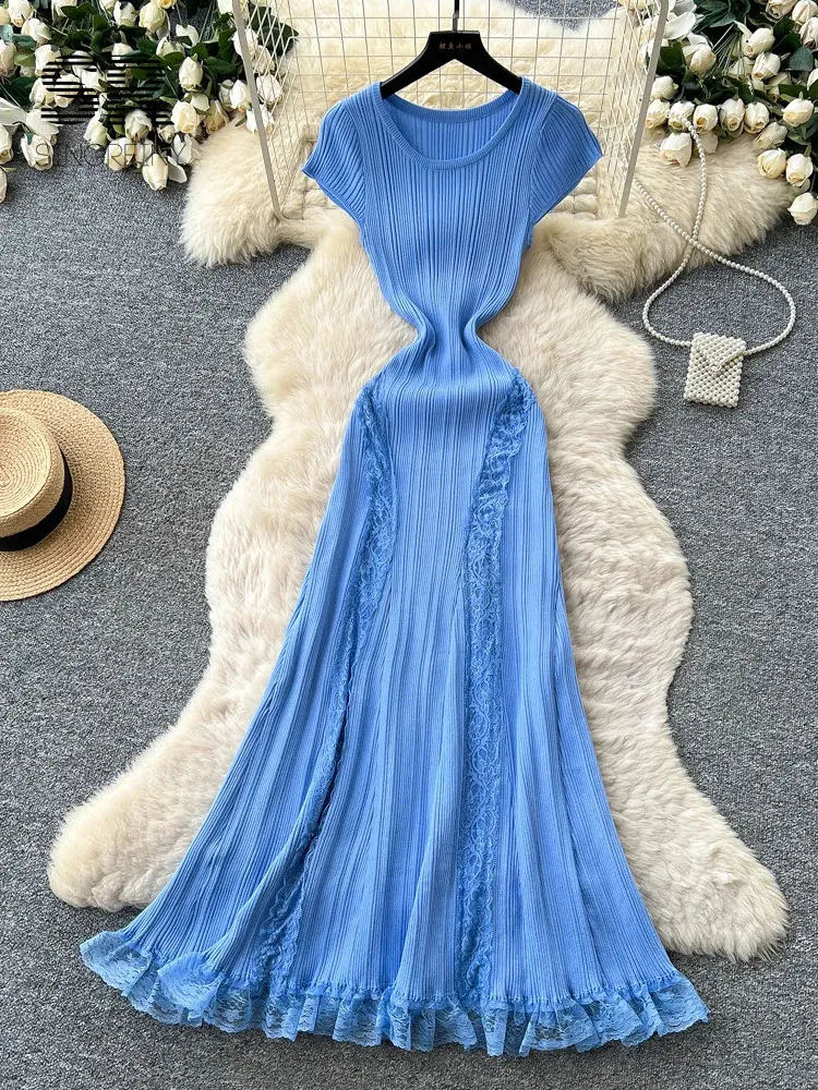 gown dress knitted summer Lace Long Dress, Stretchy A-Line, O-Neck Short Sleeves, French Style, Simple Womens Basics Elegant Homecoming Dresses