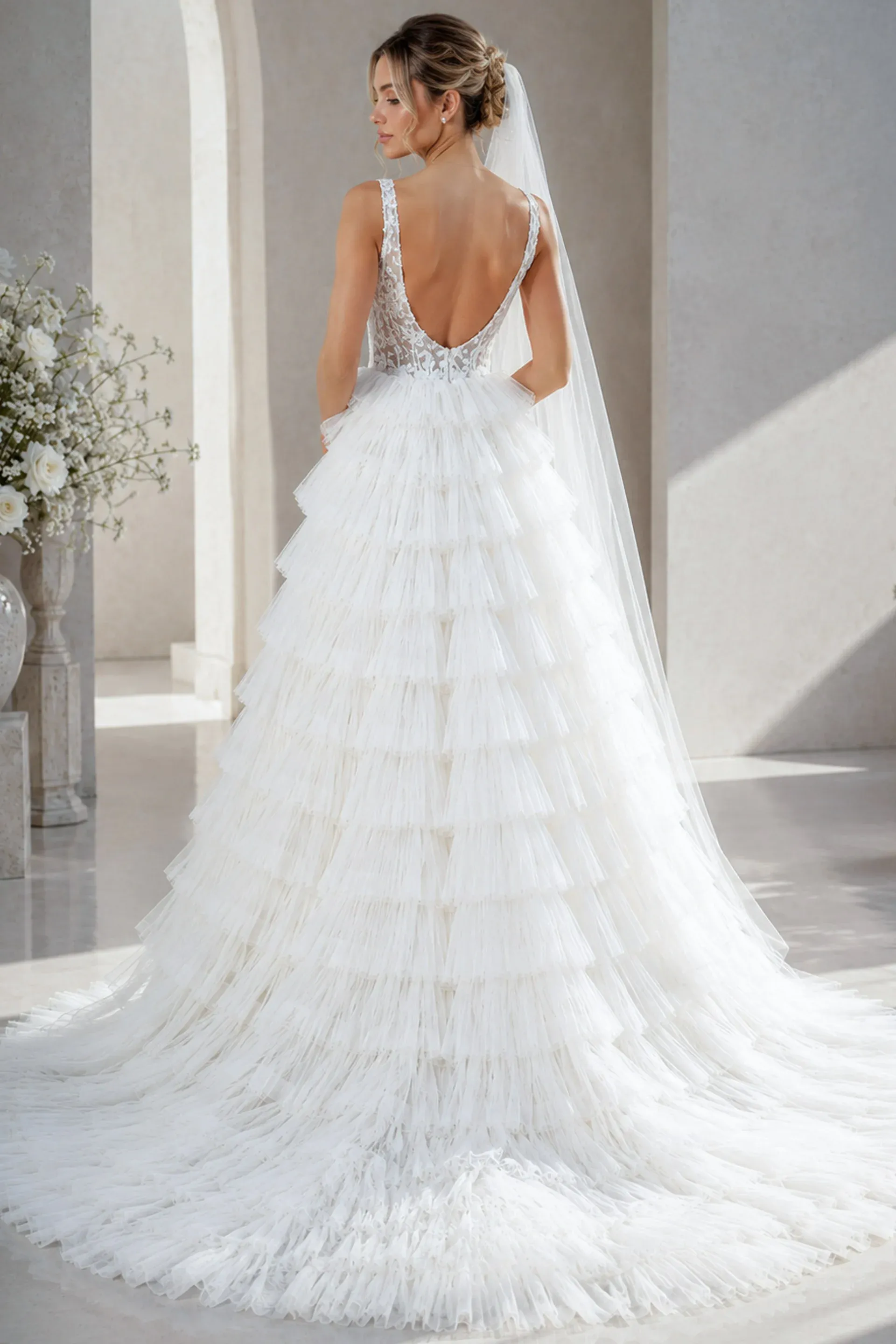 beaded applique wedding dress V Neck Sleeveless Dress, Ruffles, Tulle A-Line Bridal Gown, Floor Length for Bride Sophia tolli Waist:W-33 Shimmery Dresses Light Blue Chiffon Off Bateau neck 5