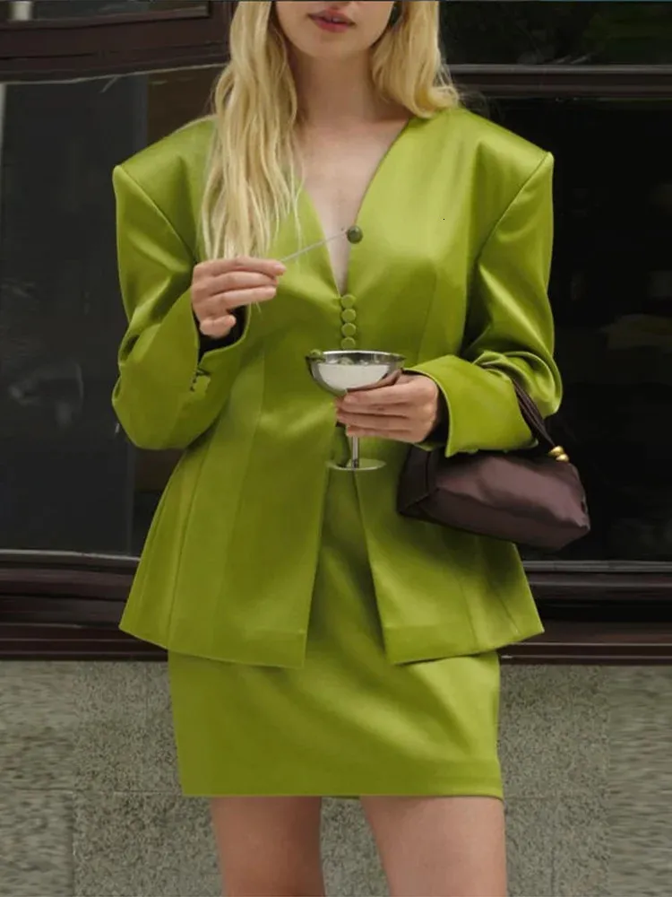 green satin blazer dress and Mini Skirt Set for Women - V Neck, Waist Cinching, Full Sleeve Jacket junior homecoming dress