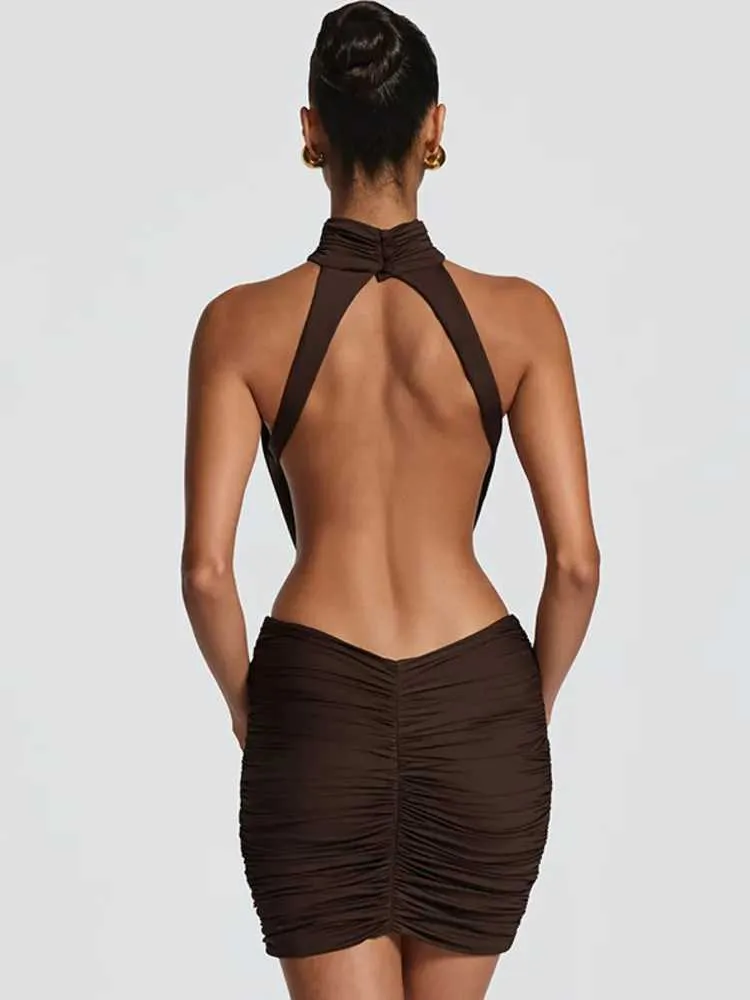 high neck backless mini dress Blifanbo Summer Sexy Ruched... From Make08, Rs.1,163.87 Size:10 (MEDIUM) Poster Girl Black Bare cocktail dresses short Back skirt neck shape