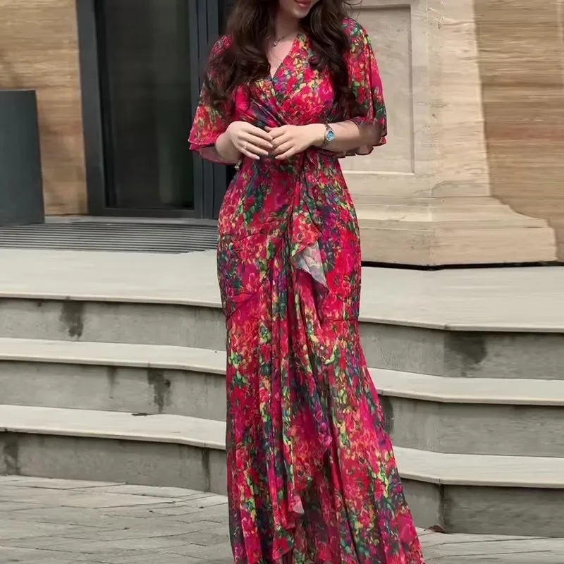 sexy dress ruffle bohemian Womens Elegant Boho Floral Print Long Dress, V-Neck, High Waist, Slim Fit, Short Sleeve Ruffle, Spring Summer Evening Size:L 10-12 davids bridal bridesmaid dress Zelda Length 54 inches