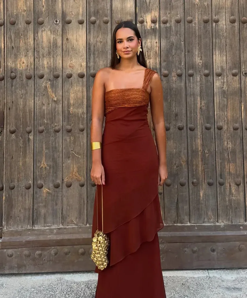 chiffon rust dress Glitter One Shoulder Asymmetric Maxi Dress, Bandeau Neck Draped Party Gown for Women Wedding Guest Forever 21 bodycon mini stylecode:D1747 this dress features a Core Colors:Chocolate rust bridesmaid dress