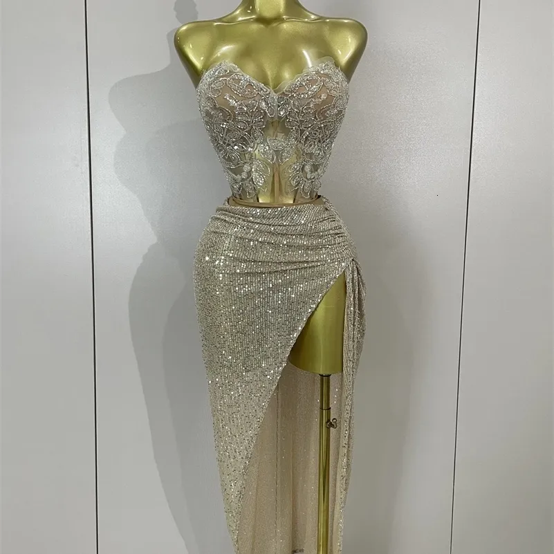 gold sequin two piece dress Sparkly Beaded Strapless Set... From Fan02, Rs.3,997.19 Bateau Neck