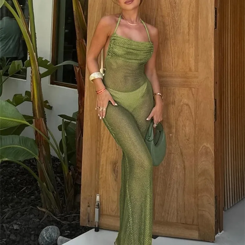 see through halter dress Sexy See-Through Long for Women 90s retro style shoes