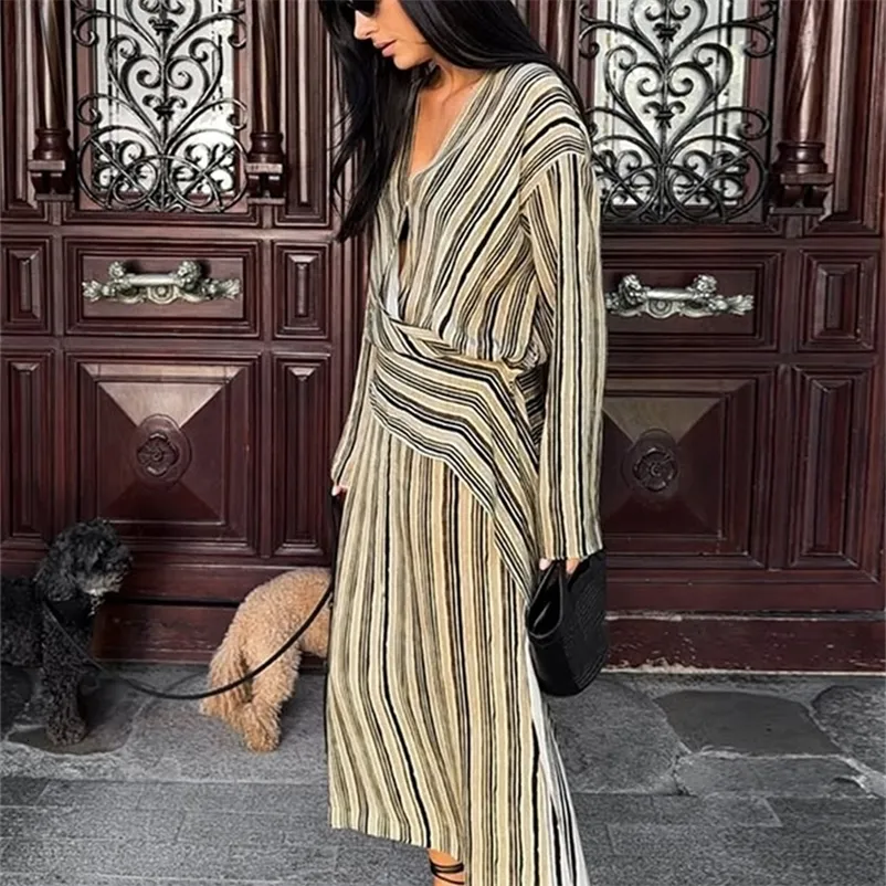 Striped Womens Deep V Neck Long Sleeve Dress with Waist Belt