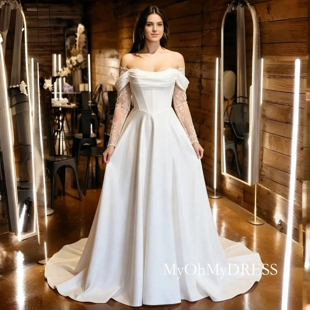 Simple A Line Off Shoulder Corset Wedding Dress, Lace... From Myohmydress, Rs.7,468.46