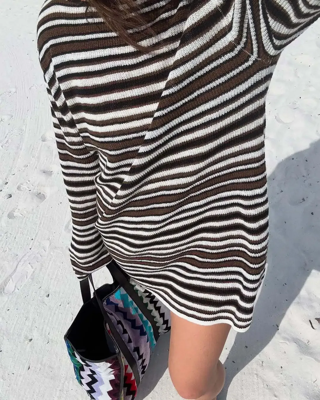 backless long sleeve striped knit mini dress for Women, Hollow Bohemian Beach Style, Loose Fit Sweater Dress, Casual Lady Knitwear Outfits Collection:Be My Guest