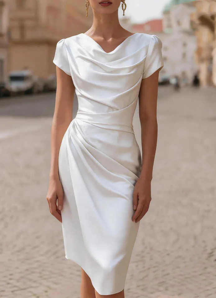 Cowl Neck Ruched Bodycon Midi Dress for Women, Elegant Short Sleeve Cocktail Party Evening Wear