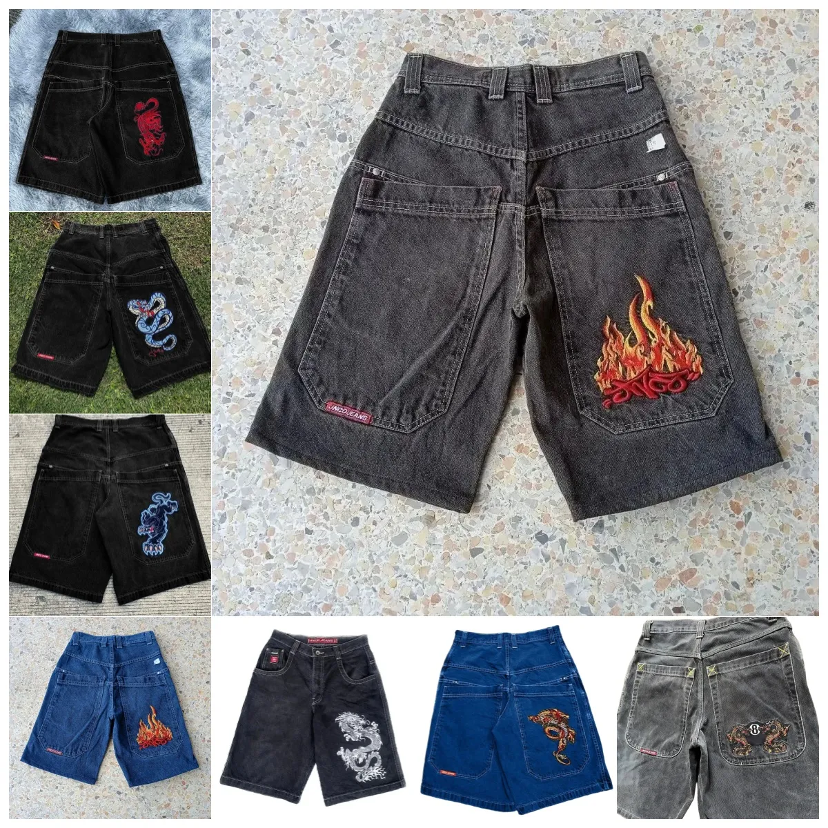 JNCO Denim Shorts With Flame Embroidery – Y2K Baggy From