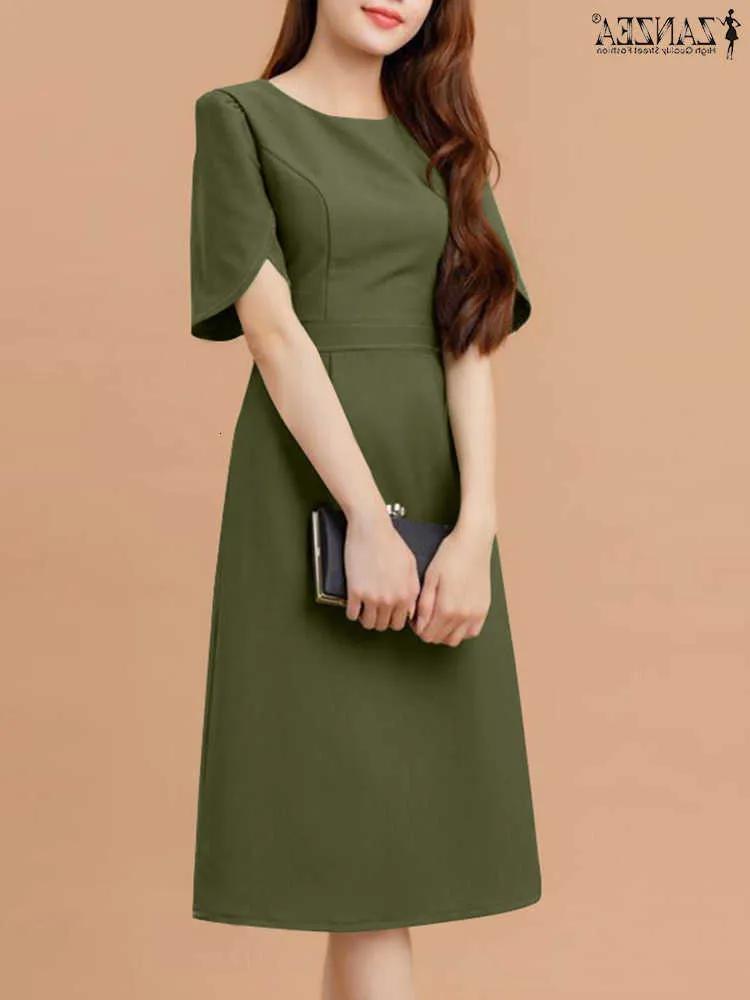 short dresses work lady Office Elegant Sundress for Women, Summer Sleeve O-Neck Midi Dress, Stylish Solid Vestidos Robe R26 White