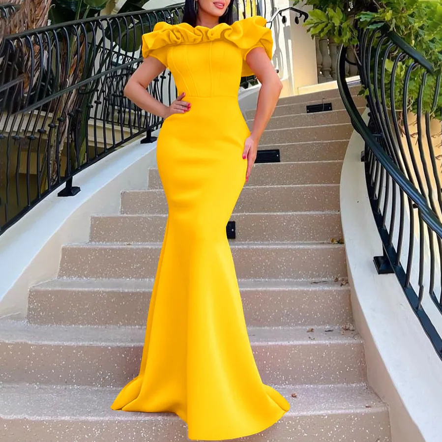 formal amazon fashion dresses Cross-border European and American women's clothing summer solid color off-shoulder fishtail long foreign trade evening dress color:Natural Wedding Dress White Long fabric for dress