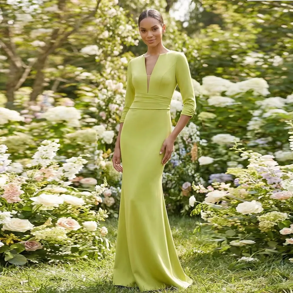 lemon formal dress Evening Dress, V-Neck Pleated Satin Mermaid, 3/4 Sleeve Floor-Length Gown for Prom, Party, Pageant فستان أنيق