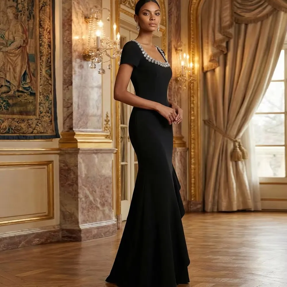 Modern Black Satin Mermaid Dress, Square Neck, Short... From Donnaweddingdress17, Rs.11,404.95