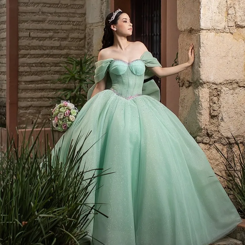 mint green dress for 15 Off-Shoulder Ball Gown Dress, Quinceanera Sweet 16 Tulle Corset with Beading, Crystal Bow, Birthday Vestidos de Años light green quinceanera dresses