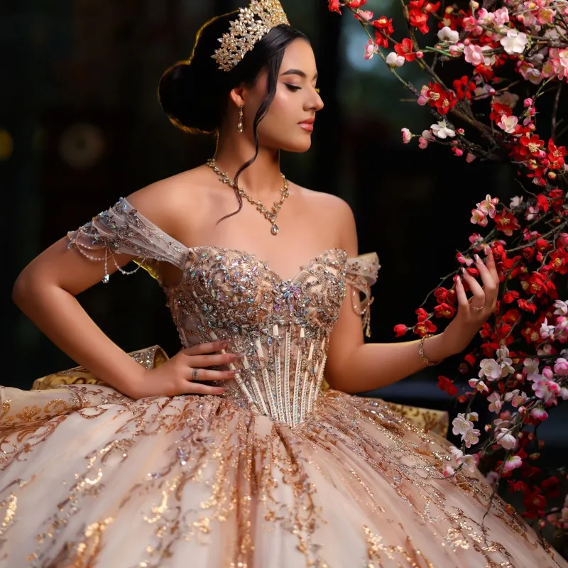 quinceanera dresses champagne gold Dress, Full Gold Scroll... From Y0937, Rs.29,078.71 rose gold quince