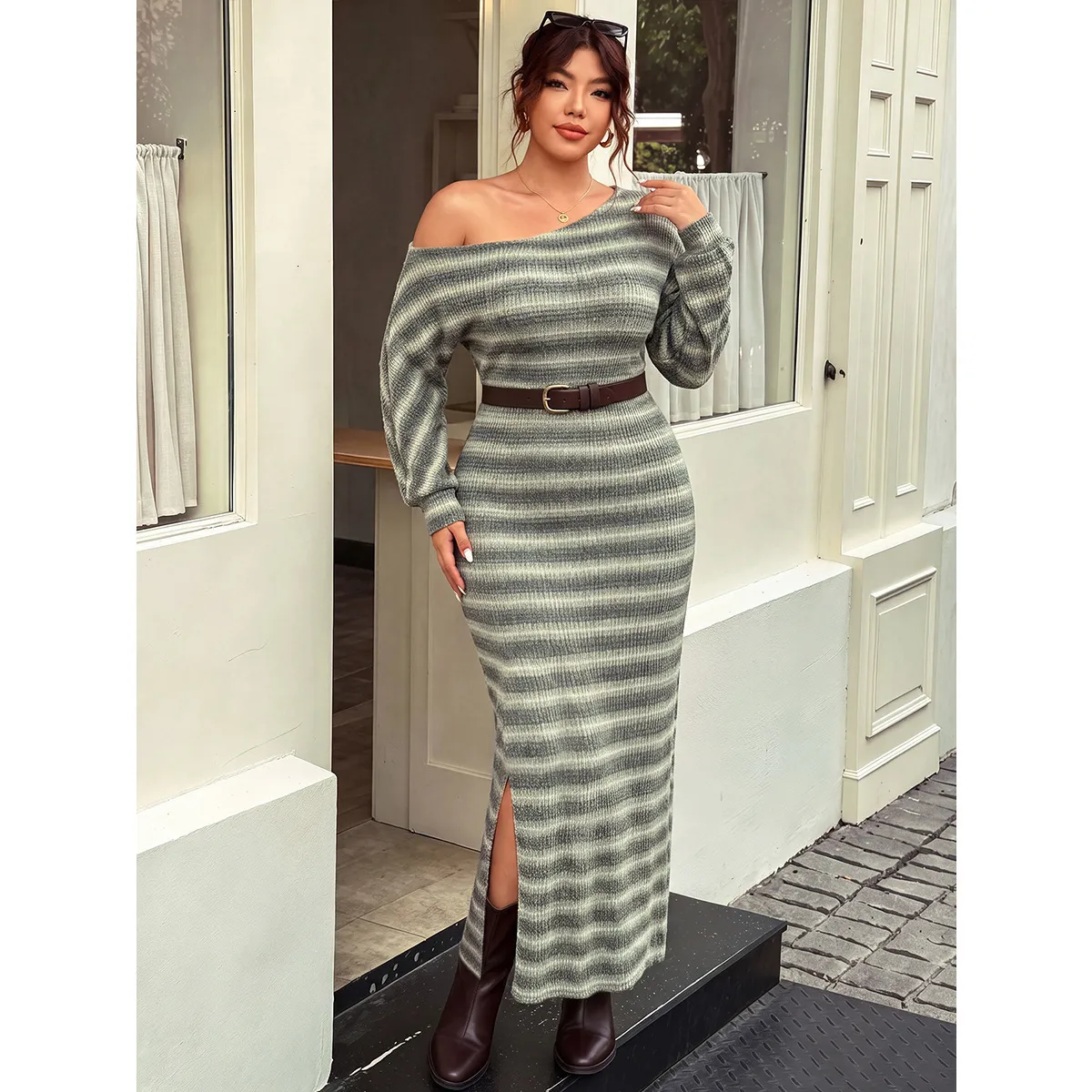 bodycon dress woolen Plus-Size Casual Striped Off-Shoulder Knitted Please note Side slit dress ASOS DESIGN Bridesmaids grecian Coat Size:43 S