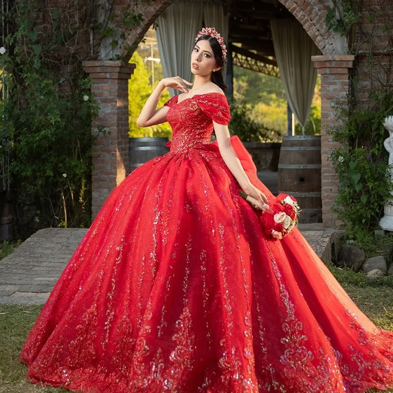 red glitter quince dress Off-Shoulder Quinceanera Dress, Sweet 16 Ball Gown with Sequin Applique, Lace Beading, Crystal Bow, Tulle Corset, Birthday Vestidos for 15 high split dress