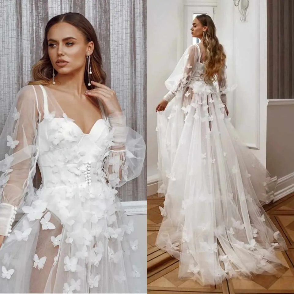 Exquisite Bridal Robe with 3D Butterfly Appliques, Sheer Tulle, Long Puff Sleeves, Backless Design