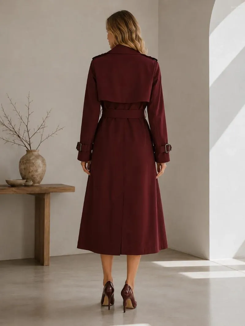 Womens Burgundy Double Breasted Trench Coat, Long... From Dh5062488, $21.76