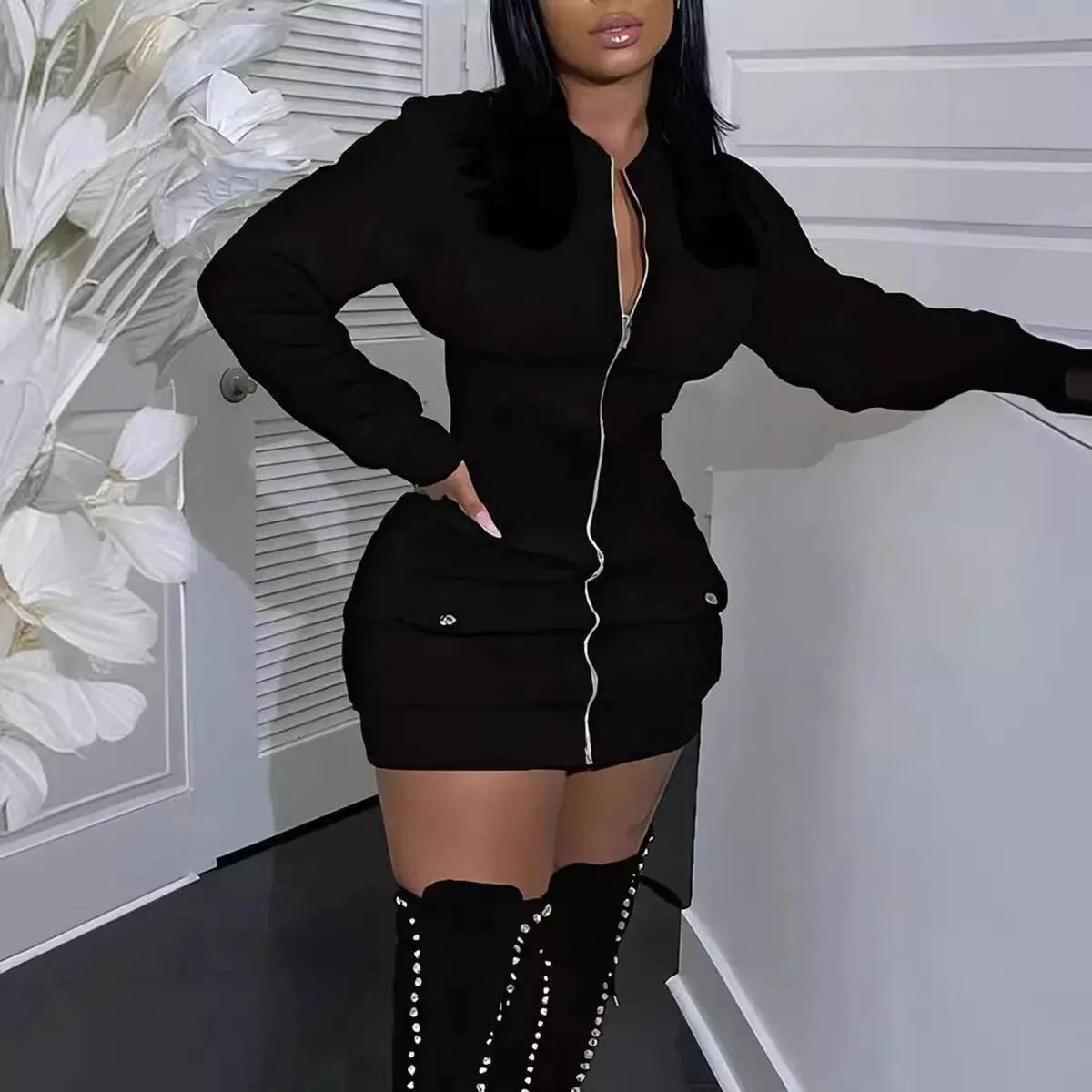 winter dresses zipper bodycon Long Sleeve Black Mini Dress Mother26 size:16 Yrs so please allow 2 Beige Dresses for Women