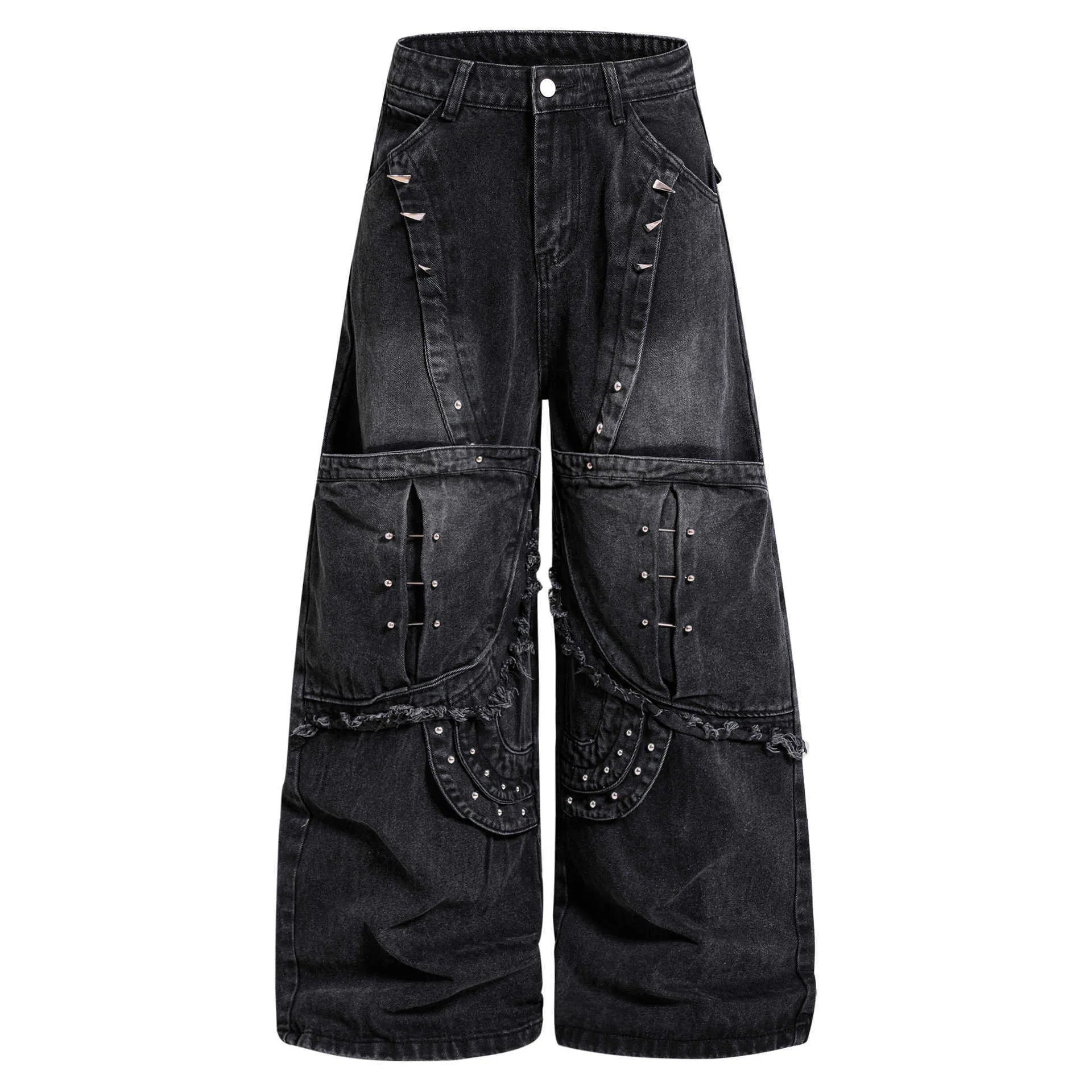 American punk style heavy-duty rivet patchwork jeans for men high street loose wide-leg straight work pants for men L2687