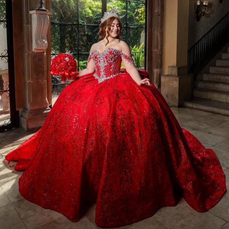 red glitter quinceanera dresses Off Shoulder Dress, Sequin... From Zaomeng321, Rs.33,619.63 LC070126