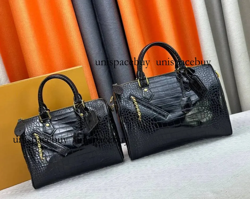 Black Crocodile Leather Boston Bag, Designer Shoulder From