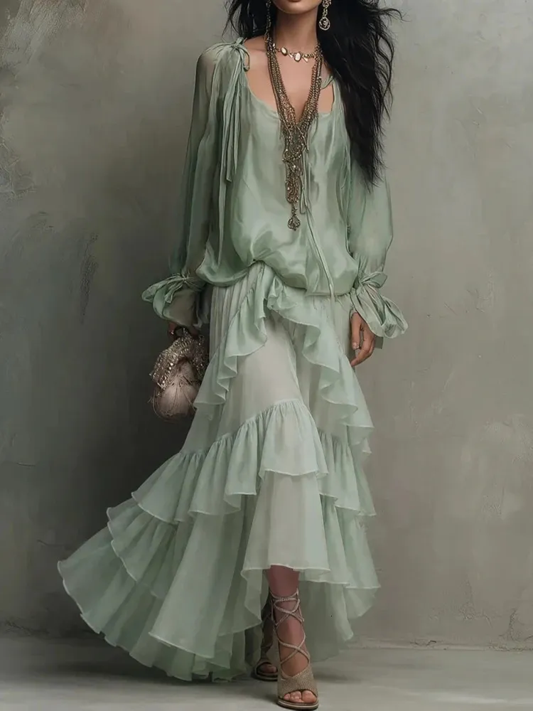 Boho Flowy Chiffon Two Piece Dress Set For Women ... From Lu02, Rs.4,037.14
