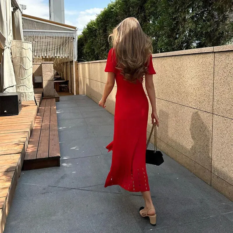 knitting dress single breasted Contrast Single-Breasted Knitted for Women, Elegant Lapel, Short Sleeve, Hollow-Out Design, Chic Red and Black Dresses, Female Vestidos 8.22.26