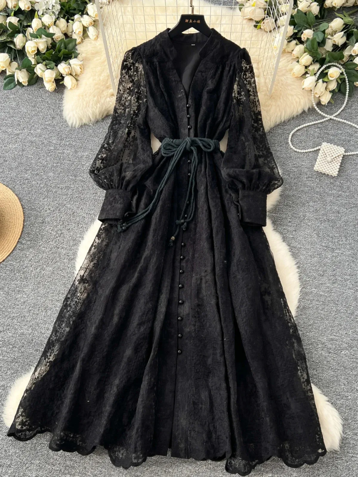 Womens A-Line Long Dress, Heavy Embroidery, V-Neck, Lantern Sleeve, Single Button, High Waist, Korean Style, Commute Wear