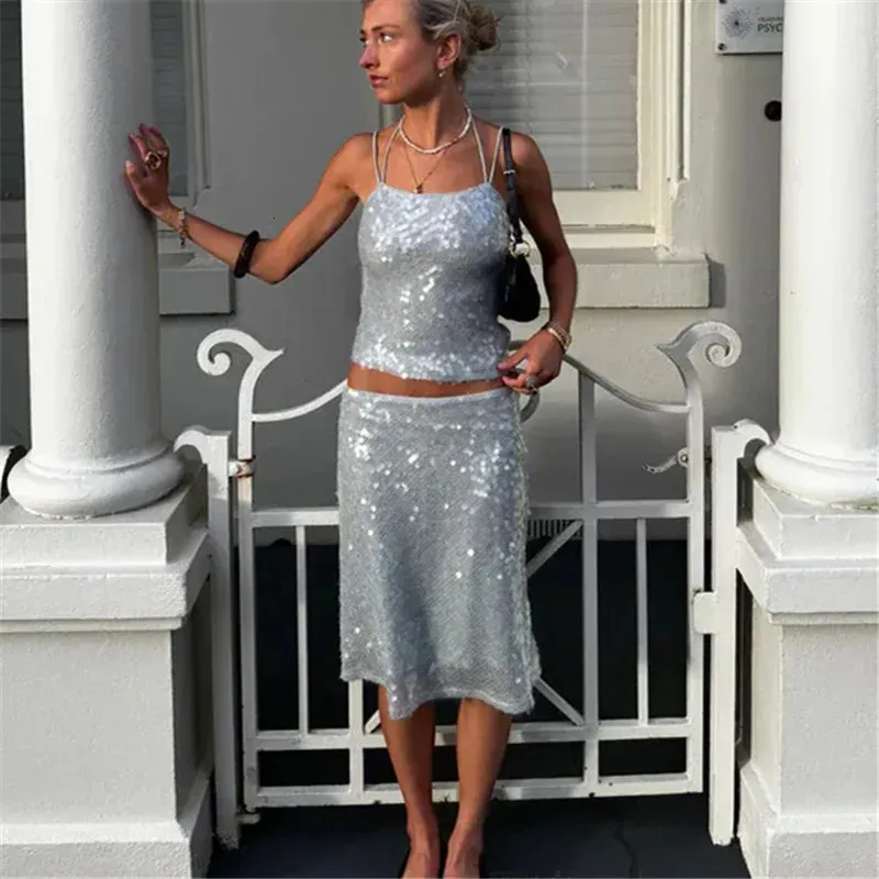 y2k glitter dress Bling Sequin Set, Sleeveless Crop Top with Bodycon Maxi Skirt, Lady Party Clubwear, High Street Summer Outfit Small / Silver